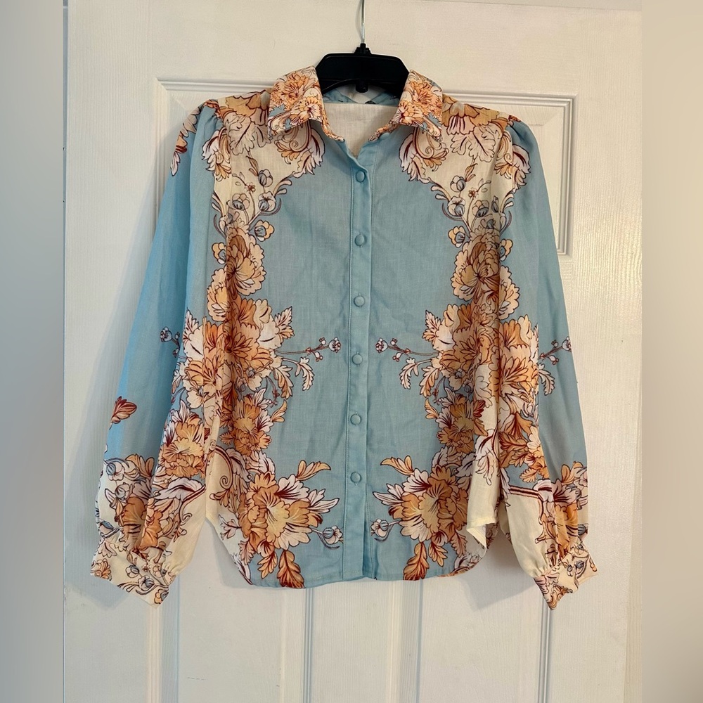 Elegant Floral Women’s Blouse - Blue and Cream